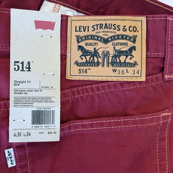 Levis 514 Straight Fit Jeans Mens 36x34 Burgundy Red Cotton Twill NWT - Picture 10 of 13